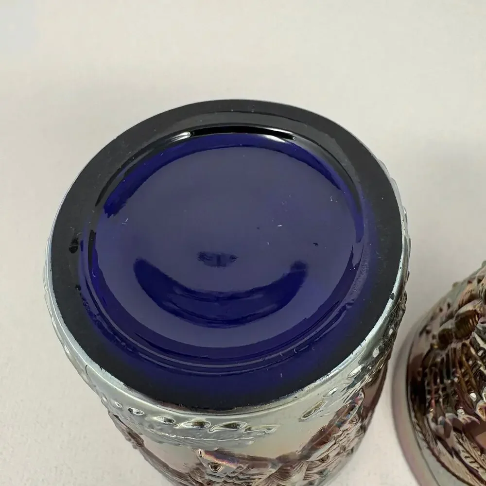 Pair of Antique Fenton Blue Carnival Glass Butterfly & Fern Tumblers Ground Base
